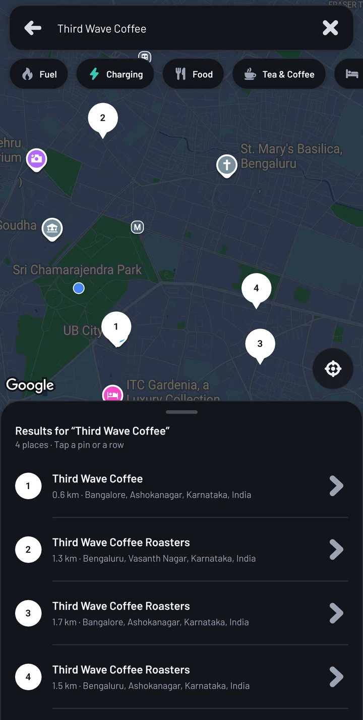 Place search on the map